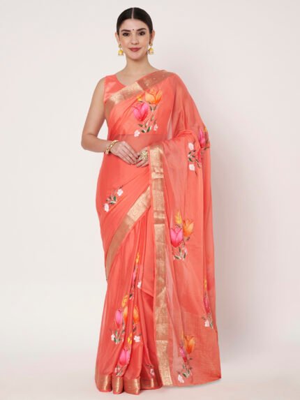 Linen Textile | Peach Chinon chitt pallu
