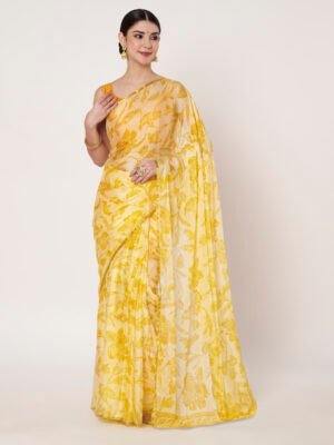 Linen Textile | Yellow Chinon Zari Piping saree