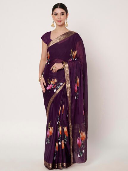 Linen Textile | Purple Chinon chitt pallu saree