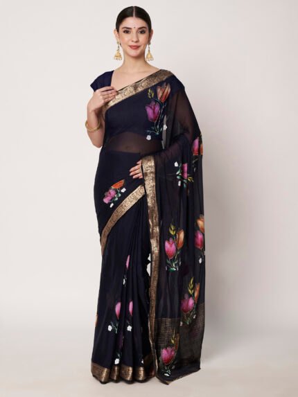 Linen Textile | Navy  Dark Blue Chinon chitt pallu