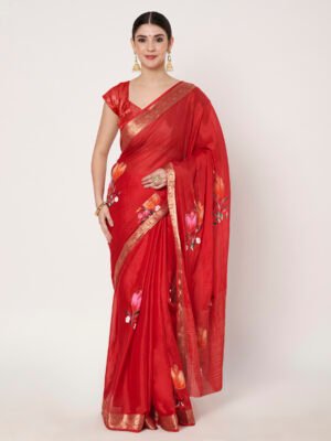 Linen Textile | Red Chinon Chitt Pallu Saree