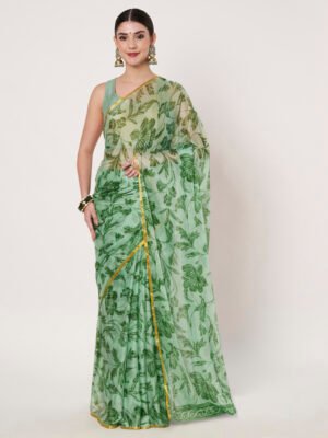 Linen Textile | Green Chinon Zari Piping saree