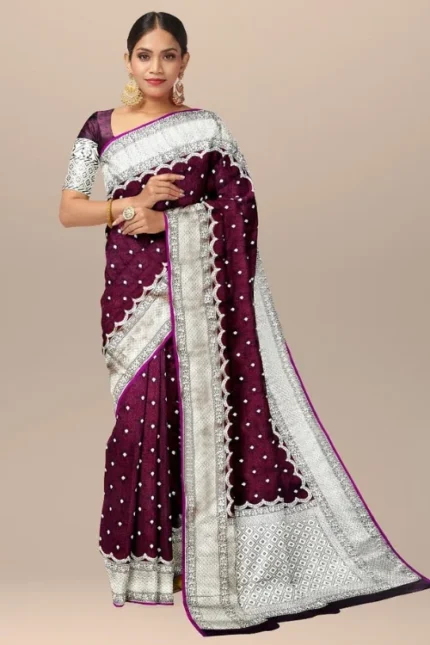 Regal Wine Banarasi Katan Mashroom Silk Saree