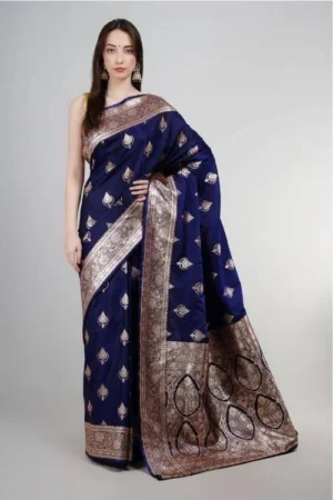 Elegant Dark Blue Banarasi Silk Saree